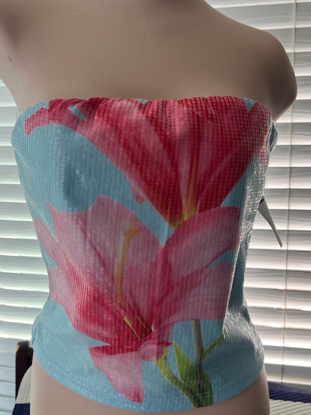 Strapless Floral Sequin Tube Top in Light Blue and Pink